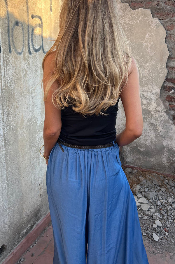 Solid Color Elastic Waist Casual Pocket Loose Wide-leg Pants