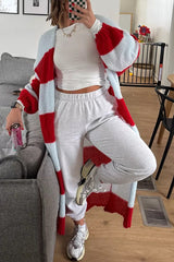 Fashionable Contrast Stripes Lazy Style Loose Long Knitted Cardigan