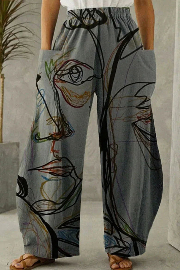 Alley Linen Blend Abstract Printed Pocketed Elastic Waist Pants