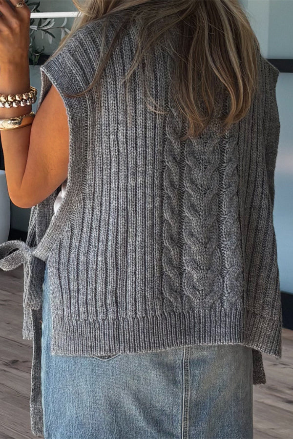 Solid Color Loose Sleeveless Tie Casual Knit Sweater