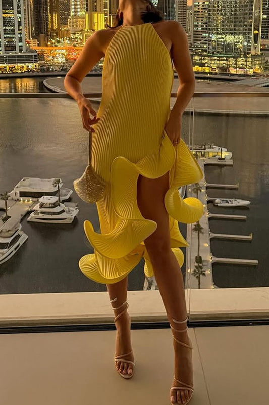 Butter Summer Pleated  Sleeveless Waist Tie Irregular Ruffle Dimensional Hem Midi Dress