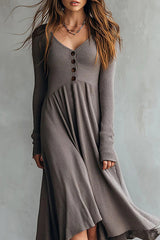 Solid Color V-neck Long-sleeved Casual Knit Midi Dress