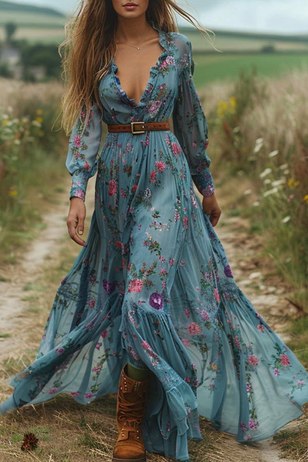 Floral Print V-neck Long-sleeved Bohemian Vacation Style Maxi Dress