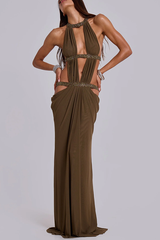 Khaki Hot-fix Rhinestone Shoulder Strap Cutout Design Backless Drape Maxi Dress