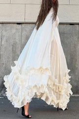 Fashionable V-neck Lace-up Ruffled Double-layer Hem Maxi Dress