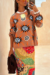 Mediterranean Art Knit Unique Sun Vortex Print Long Sleeve Relaxed Sweater