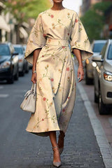 Unique Print Batwing Sleeve Waisted Casual Midi Dress