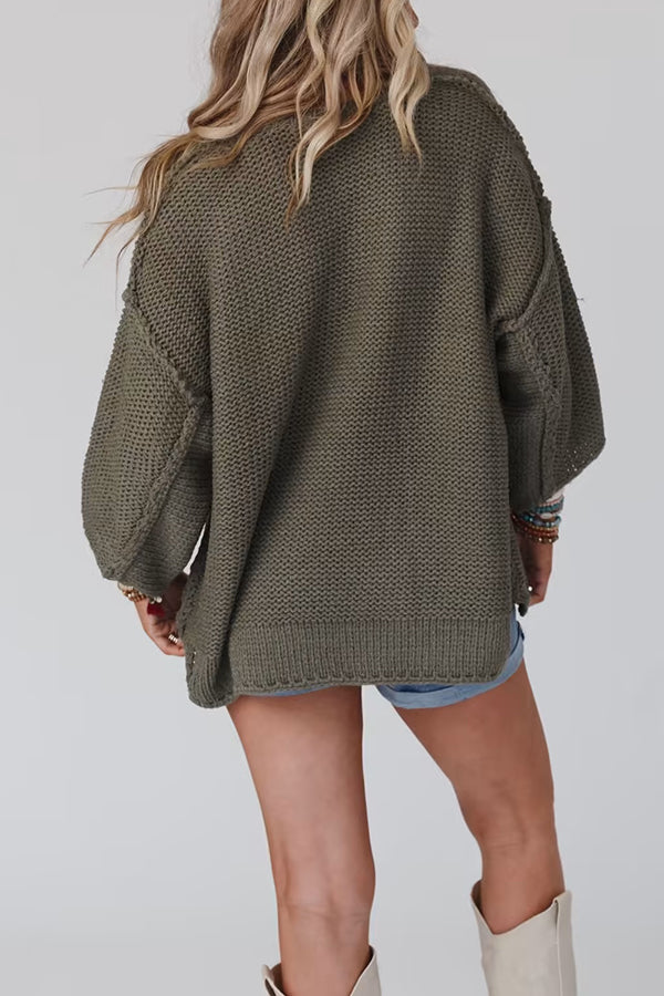 Solid Color Loose Round Neck Long Sleeve Casual Knitted Sweater