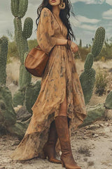 Plant Print V-neck Short-sleeved High-waist Irregular Midi Dress