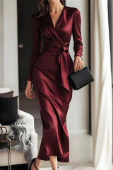 Solid Color Satin V-neck High Waist Tie Slim Midi Dress
