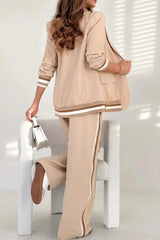 Solid Color Lapel Long Sleeve Loose Blazer and Elastic Waist Casual Pocket Wide Leg Pants Set