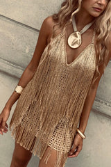Golden Rhythmic Knit Layered Tassels Halter Backless Stretch Mini Dress