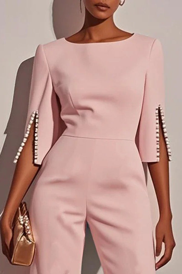 Solid Color Round Neck Beaded Decoration Slim Fit Casual Jumpsuit
