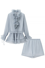 Fashionable Flower-decorated V-neck Loose Top and Elastic Waist Casual Shorts Set