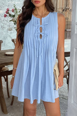 Solid Color Sleeveless Tie Pleated Casual Mini Dress