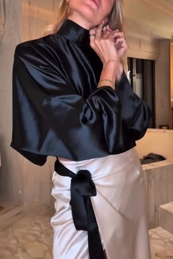 Elegant High-neck Long-sleeved Loose Top and Cross-strap High-slit Maxi Skirt Set