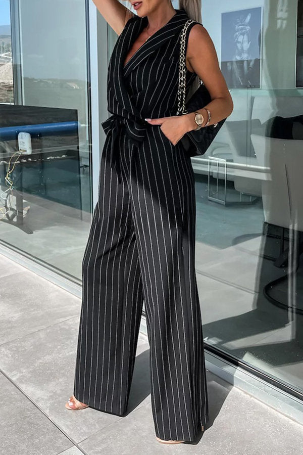 Gracie Wrap Lapel V-neck Tie Waist Pocketed Jumpsuit