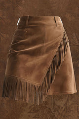 Retro Suede Casual Asymmetrical Fringed Hem Mini Skirt