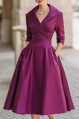 Solid Color Elegant Long Sleeve Waist Pocket Midi Dress