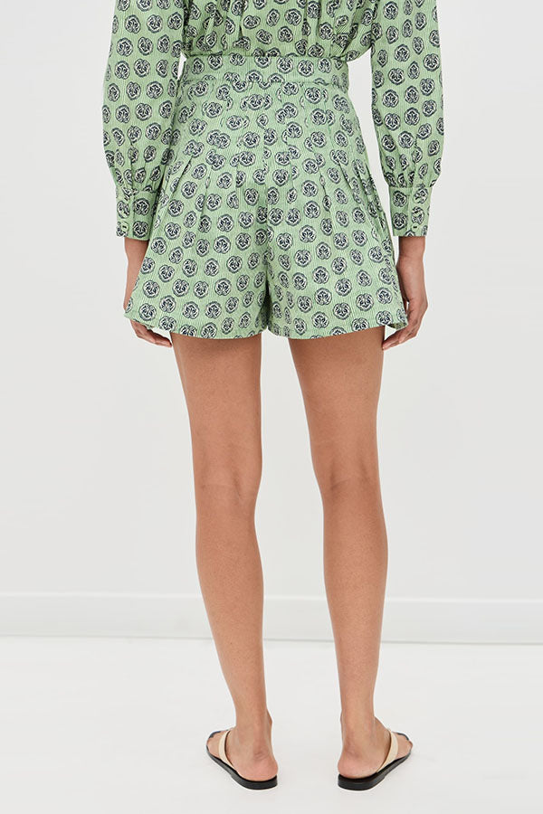 Deelia Unique Print Scalloped Edges Long Sleeve Blouse and Pleated Button Waist Flare Shorts Set