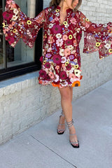 Flowers Blooming Embroidery Floral Applique Tiered Bell Sleeve Loose Mini Dress