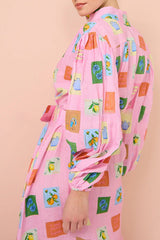 Vacation Essential  Emblem Print Balloon Sleeve Belted Shirt Maxi Dress