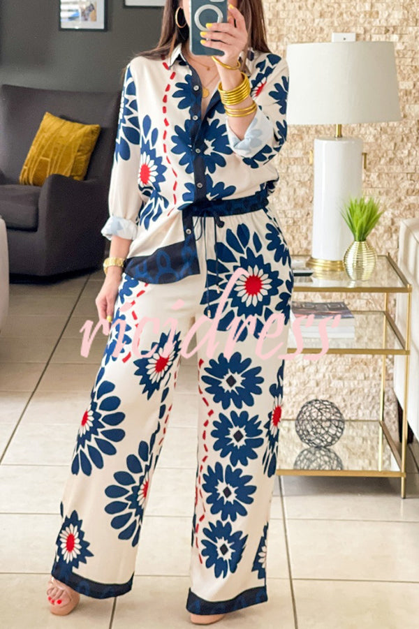 Unique Printed Lapel Long-sleeved Loose Shirt and Casual Pocket Wide-leg Pants Set