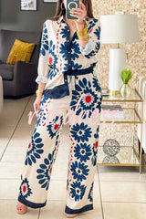 Unique Printed Lapel Long-sleeved Loose Shirt and Casual Pocket Wide-leg Pants Set