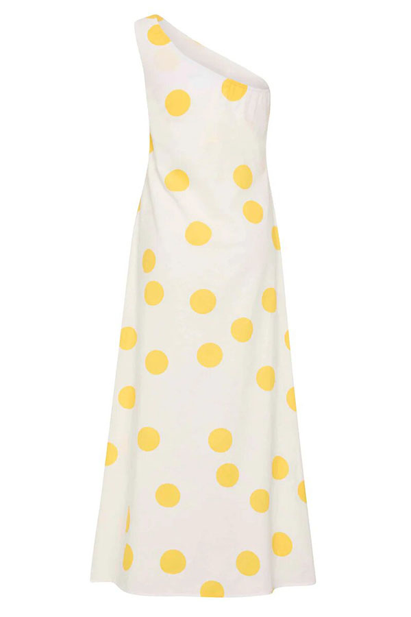 Sunlight Shines Linen Blend Colorblock Polka Dot Print One Shoulder A-line Maxi Dress