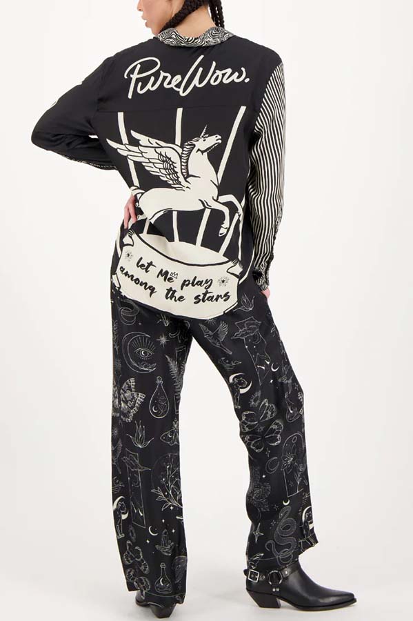 Black Magic Satin Unique Print Long Sleeve Blouse and Elastic Waist Pocket Wide Leg Pants Set