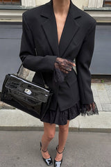 Solid Color Lace Panel Long Sleeve Button Elegant Blazer