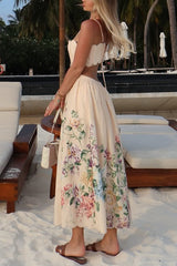 Cabo Sunsets Floral Print Petal Trim Back Lace-up Midi Dress