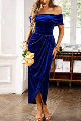 Solid Color Velvet Off-shoulder Slim-fit Elegant Slit Midi Dress