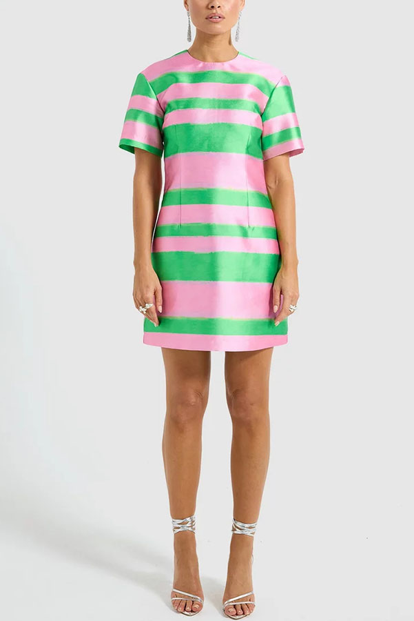 Fun and Colourful Satin Color Block Short Sleeve Loose Mini Dress