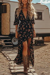 Floral Print V-Neck Waist Irregular Midi Dress