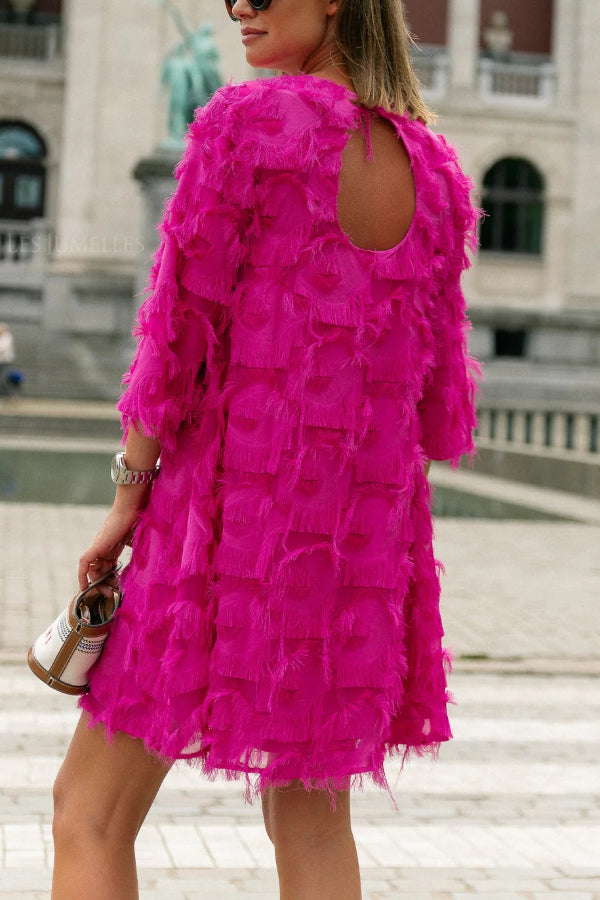 Solid Color Loose Round Neck Casual Tassel Mini Dress