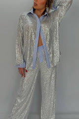 Fashion Sequined Loose Long-sleeved Shirt and Casual Elastic Waist Wide-leg Pants Set