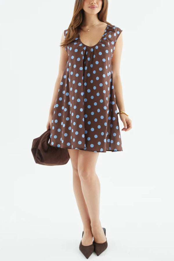 Fashionable Polka Dot Print U-neck Sleeveless Loose Mini Dress