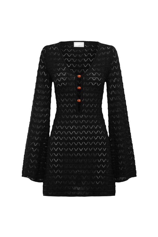 Solid Color Hollow-out V-neck Flared Long-sleeved Slim-fit Knitted Cover-up Mini Dress