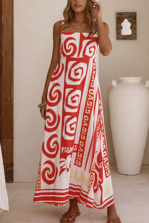 Unique Printed Sleeveless Square Neck Casual Pocket Vacation Maxi Dress
