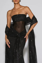 Paula Sequined Mesh and Jersey Off Shoulder Ruched Knot Drape Shawl Maxi Dress