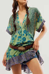 Bohemian Printed Casual Short Sleeve Ruffled Mini Dress