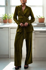 Solid Color Velvet Long-sleeved Waist Tie Top and Elastic Waist Casual Pocket Straight-leg Pants Set