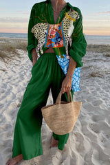 Leopard Floral Print Oversized Shirt and Elastic Waist Pocket Pants Set