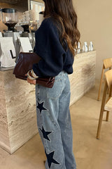 Jessy Denim Mid Rise Side Star Pattern Pocket Wide Leg Jeans