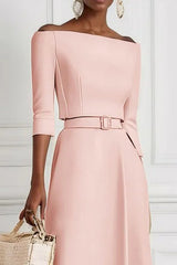 Solid Color Off-the-shoulder Waist-tied Elegant Midi Dress