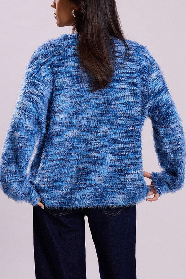 Fashionable Mixed Color Loose V-neck Casual Knit Cardigan