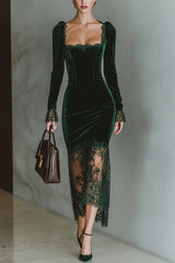 Fashionable Velvet and Lace Patchwork Square Neck Long-sleeved Maxi Dress