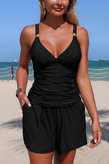 Solid Color V-neck Casual Pocket Stretch Two-piece Swimsuit