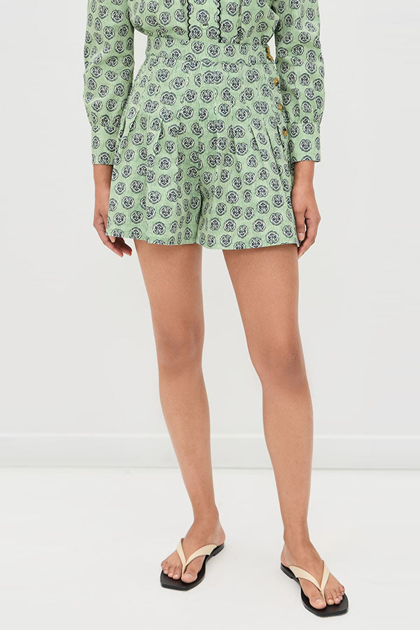 Deelia Unique Print Scalloped Edges Long Sleeve Blouse and Pleated Button Waist Flare Shorts Set